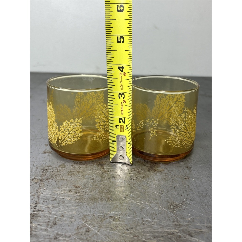 Vintage Amber Glass Leaf Embossed Lowball Juice Glasses MCM Cocktail - Picture 7 of 7